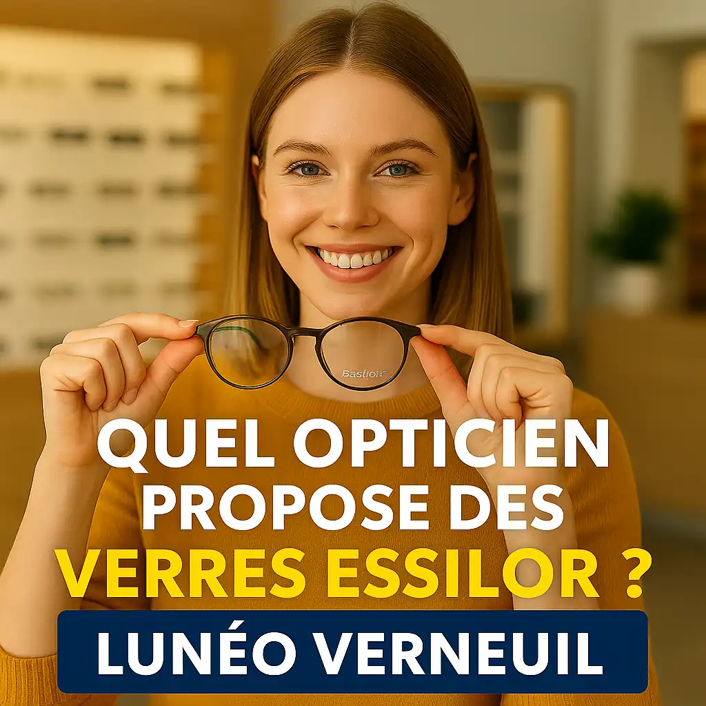 Jeune femme souriante tenant une paire de lunettes avec verres Essilor dans une boutique moderne – Lunéo Verneuil