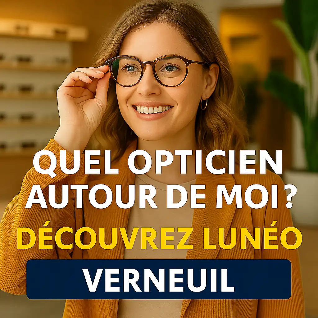 Femme souriante essayant des lunettes dans un magasin d’optique moderne à Verneuil – opticien Lunéo