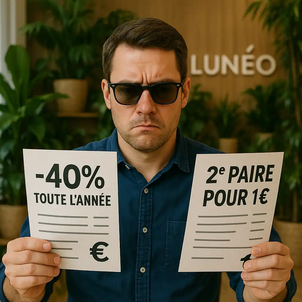 Homme comparant deux devis d’opticiens, illustrant la transparence des prix et des offres chez Lunéo Verneuil.