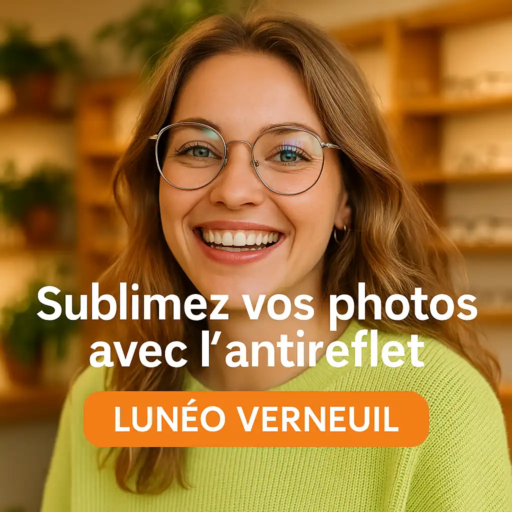 Cliente souriante portant des lunettes antireflets chez Lunéo Verneuil, regard mis en valeur sans reflets lumineux.