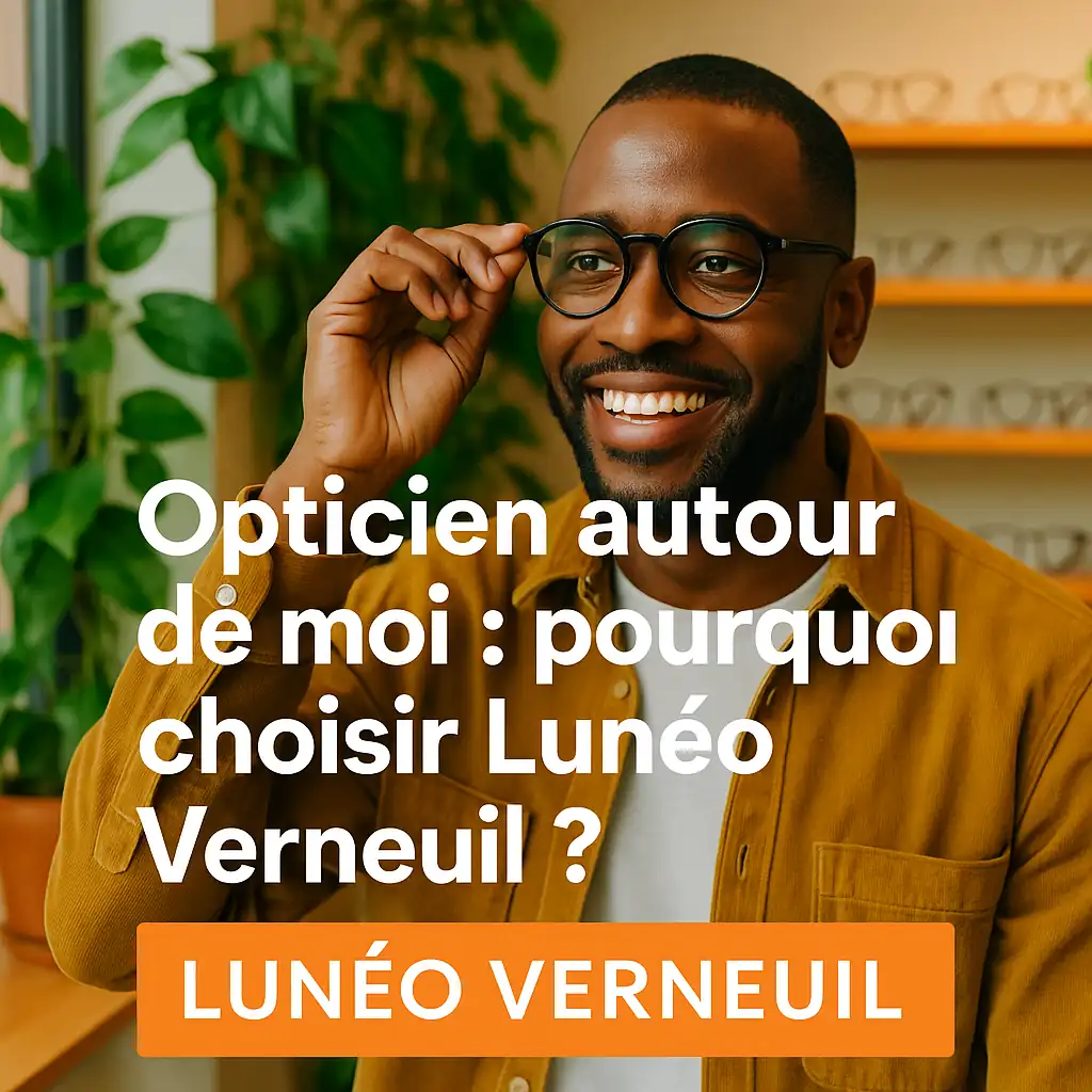 Client souriant essayant des lunettes créateurs dans la boutique Lunéo Verneuil, décor végétal moderne et chaleureux.