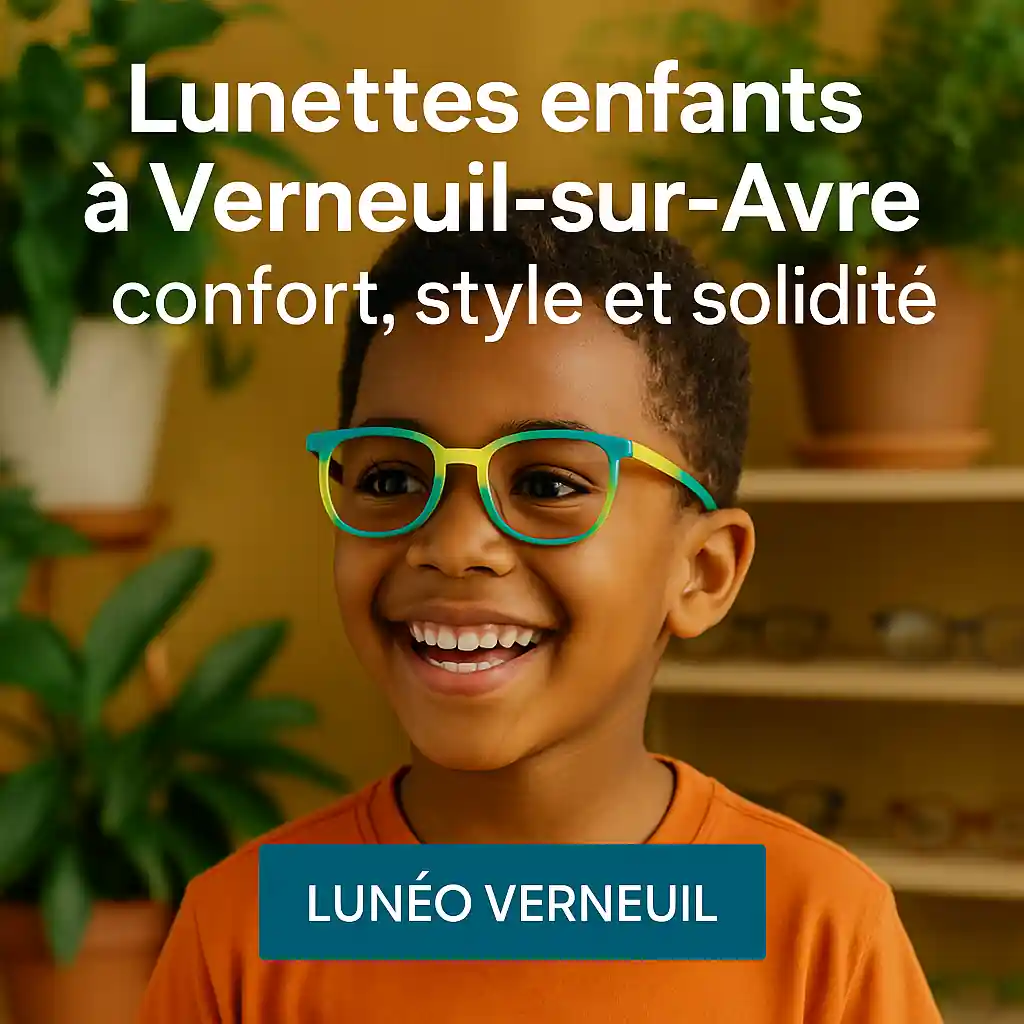 Enfant souriant portant des lunettes colorées adaptées chez Lunéo Verneuil, boutique au décor végétal chaleureux.