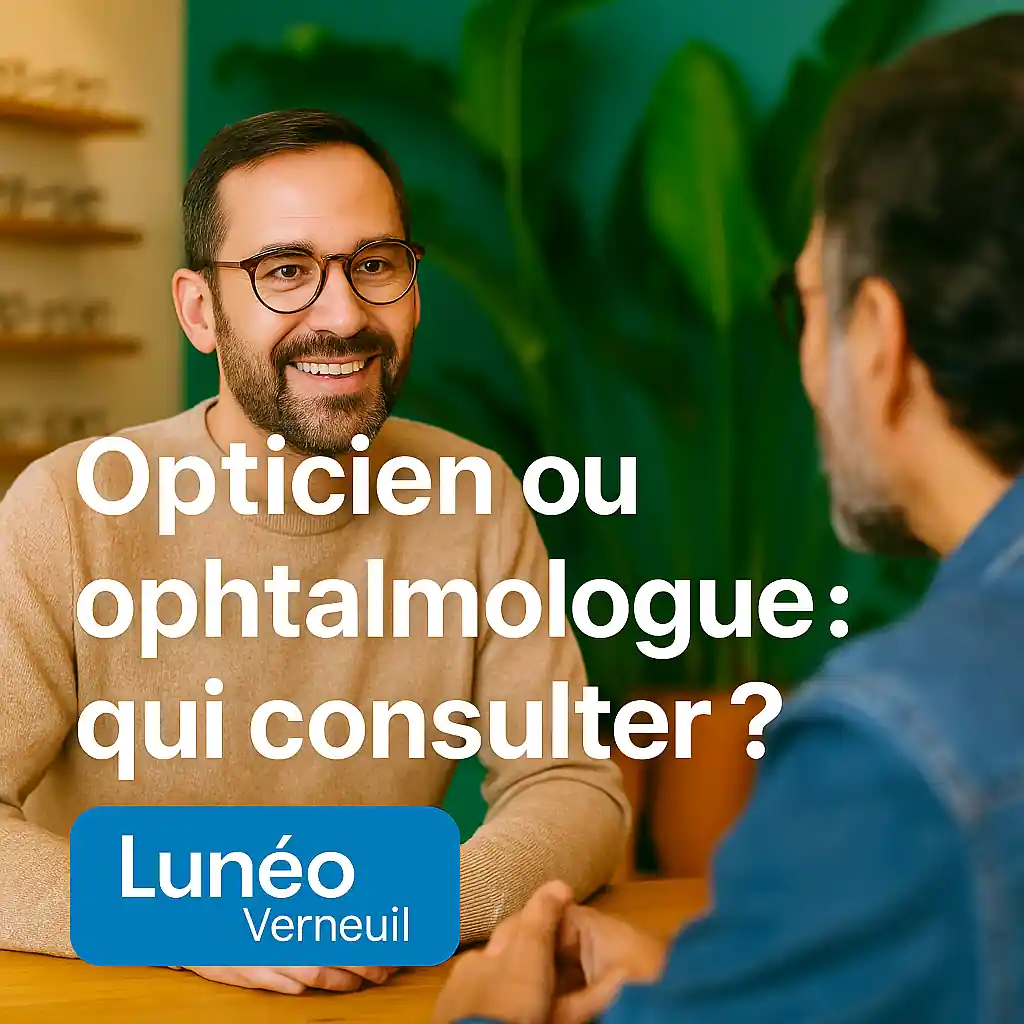 Client discutant avec un opticien Lunéo à Verneuil, comparant les rôles entre opticien et ophtalmologue dans un décor végétal chaleureux.