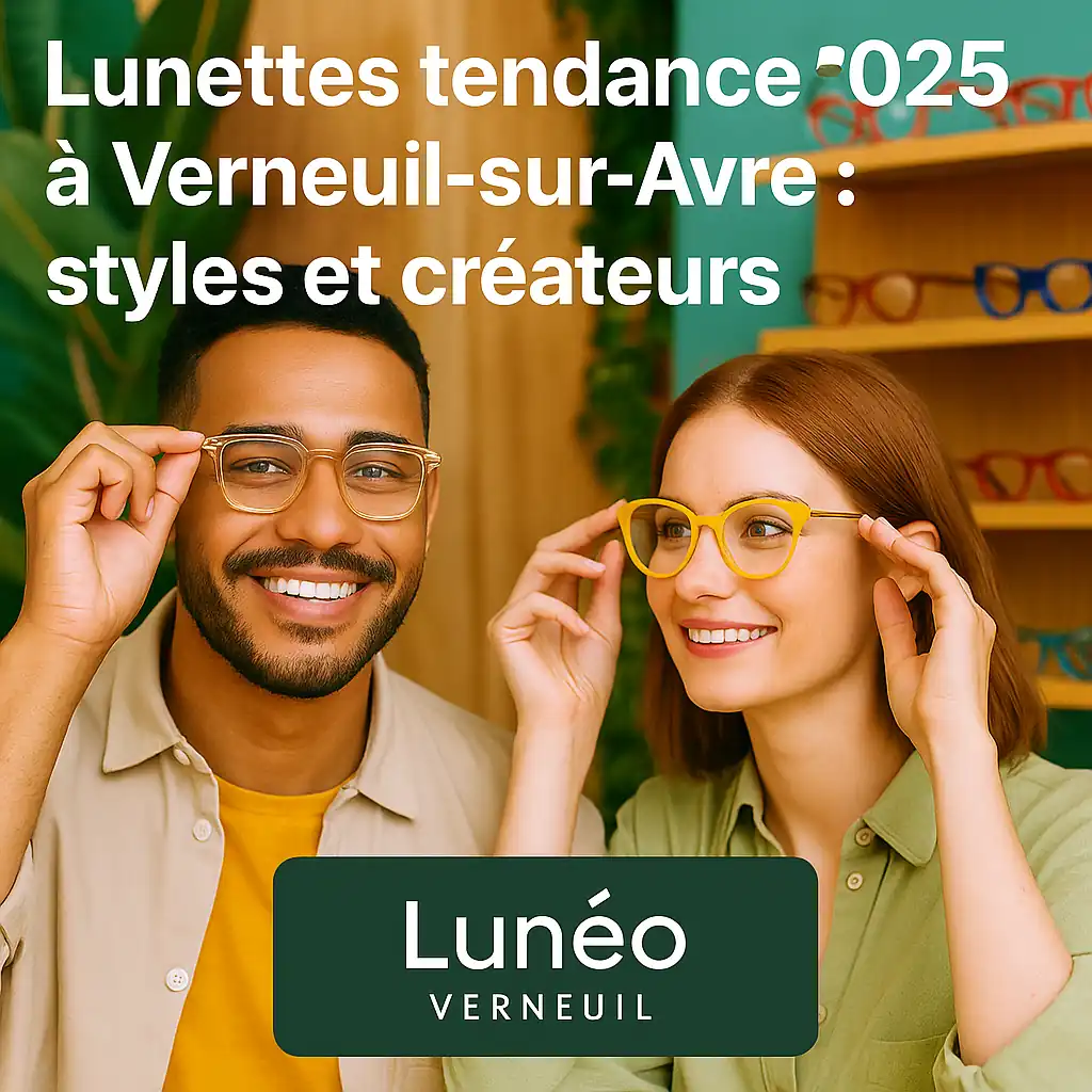 Clients essayant des lunettes tendance 2025 chez Lunéo Verneuil, montures créateurs colorées et originales dans un décor végétal.