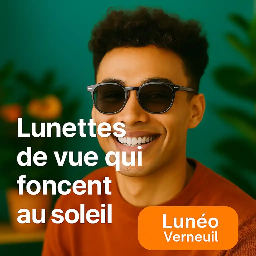 Client(e) portant des lunettes photochromiques qui foncent au soleil devant la boutique Lunéo Verneuil, décor végétal moderne.