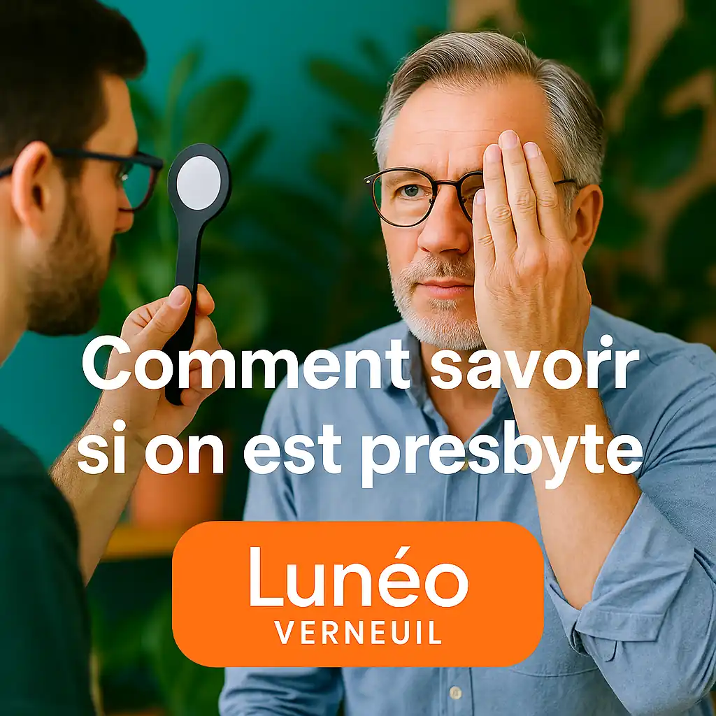Client consultant un opticien Lunéo à Verneuil pour un test de presbytie dans un décor végétal chaleureux.
