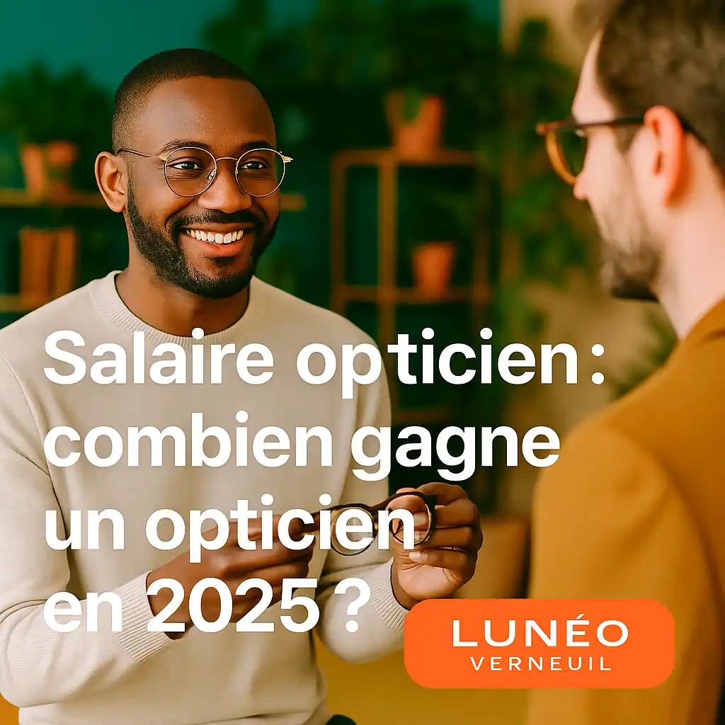 Opticien conseillant un client dans la boutique Lunéo Verneuil, illustrant le métier et son salaire potentiel.