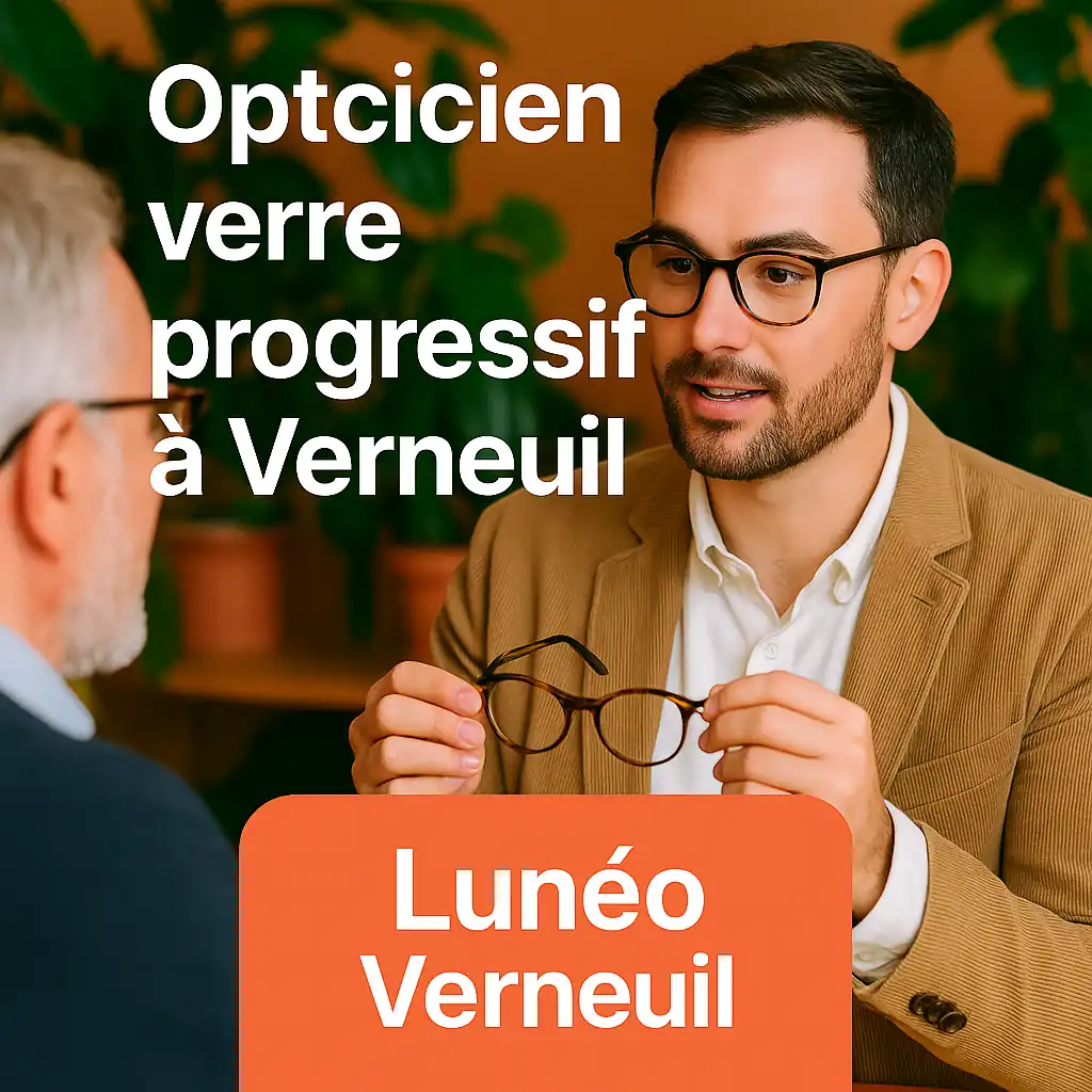 Opticien Lunéo conseillant un client sur le choix de verres progressifs dans la boutique végétale de Verneuil.
