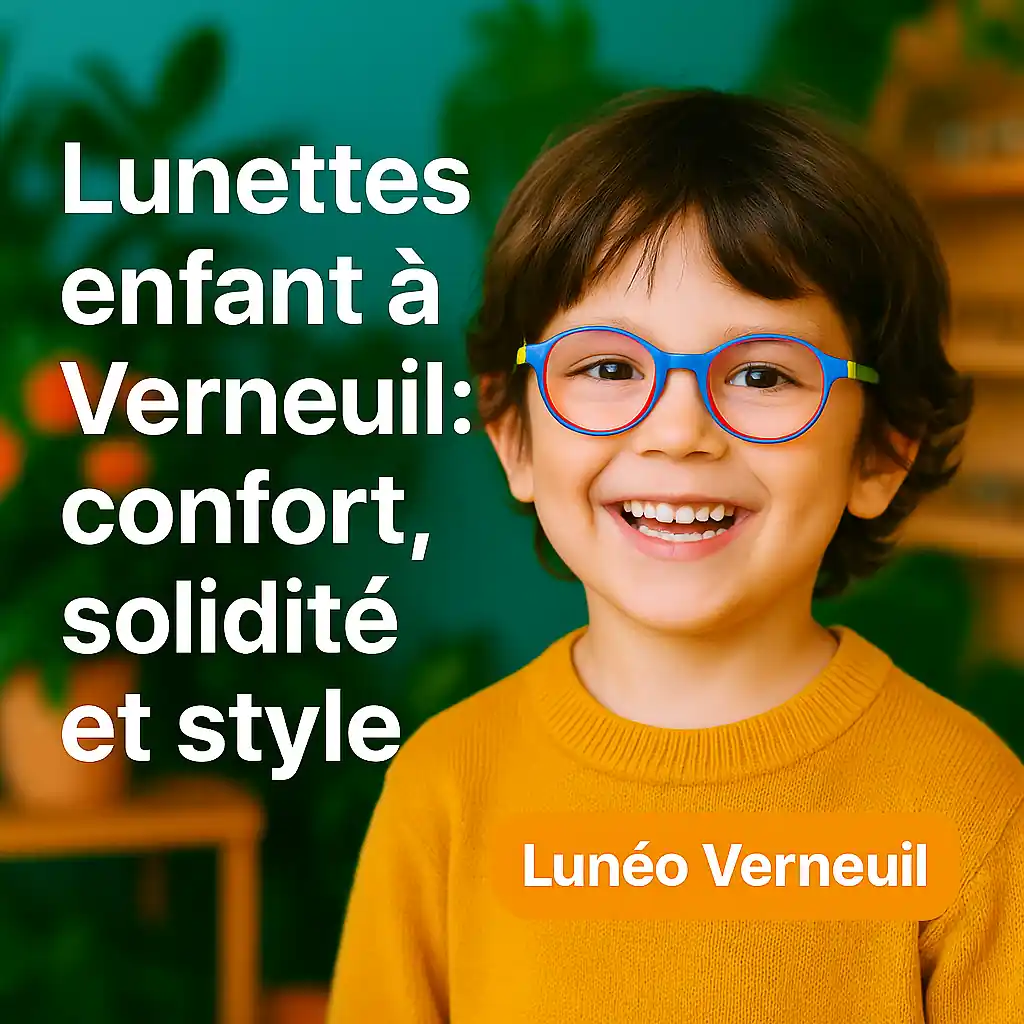 Enfant souriant essayant des lunettes colorées adaptées chez Lunéo Verneuil, décor végétal chaleureux.