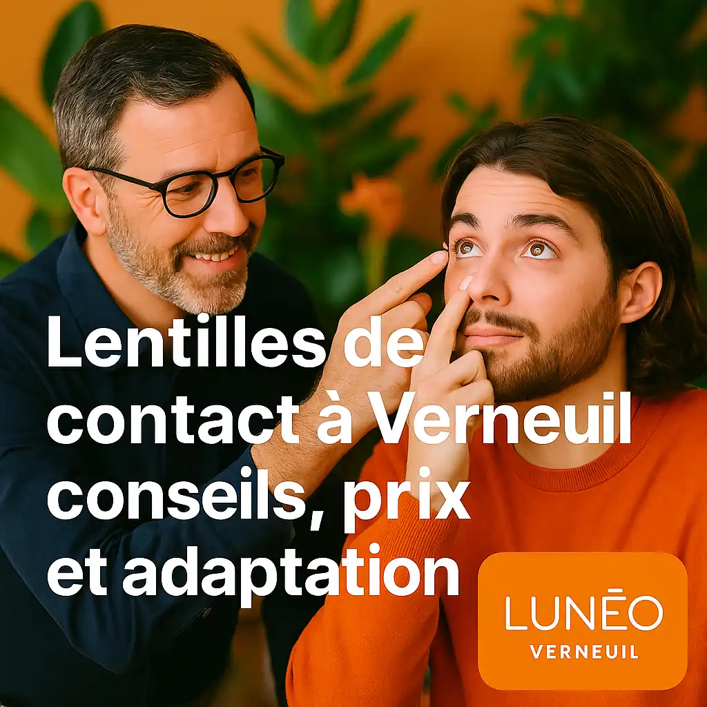 Opticien Lunéo Verneuil accompagnant un client lors de l’essai de lentilles de contact dans un décor végétal chaleureux.