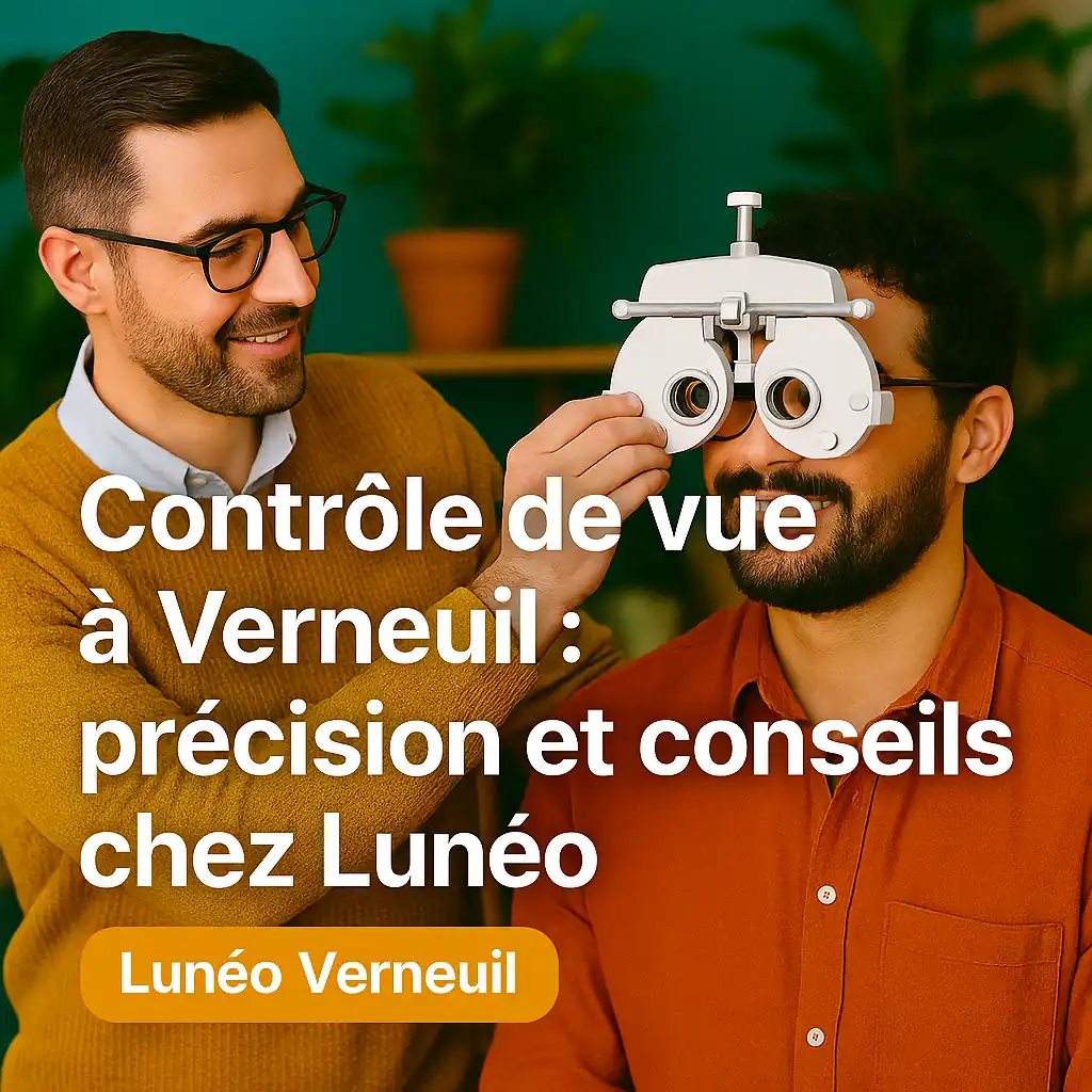 Opticien Lunéo réalisant un contrôle de vue précis pour un client dans un décor végétal chaleureux à Verneuil.