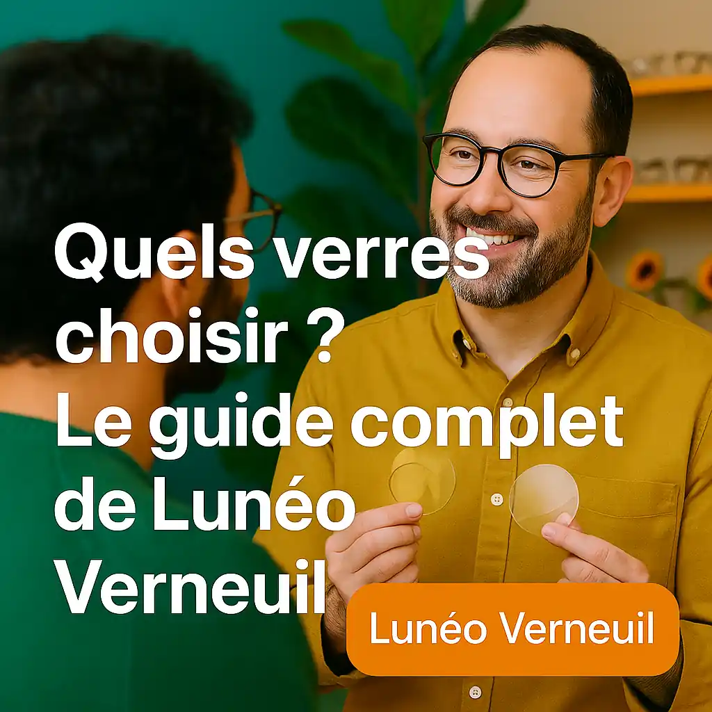 Opticien Lunéo Verneuil expliquant à un client quels verres choisir entre progressifs, unifocaux et traitements dans un décor végétal chaleureux.