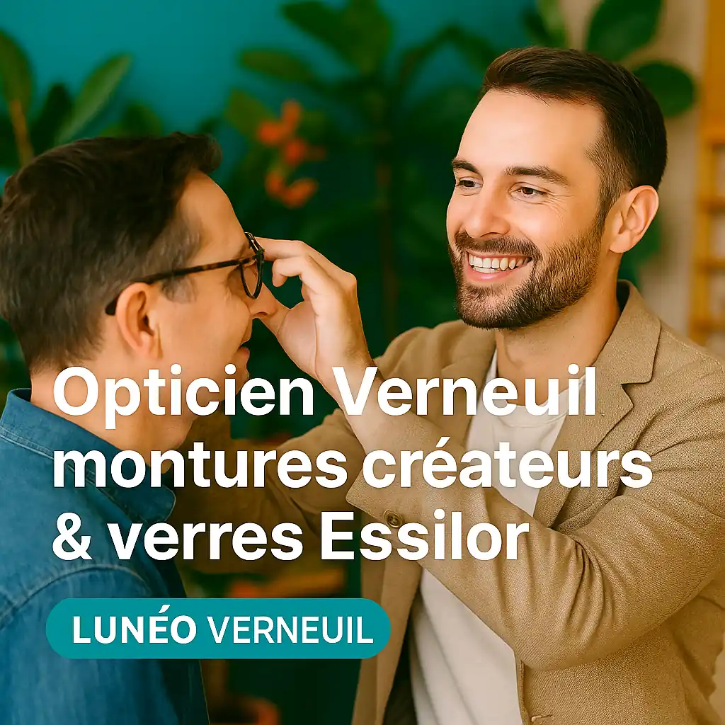 Client accompagné par un opticien Lunéo à Verneuil, essayant des lunettes créateurs dans un décor végétal chaleureux