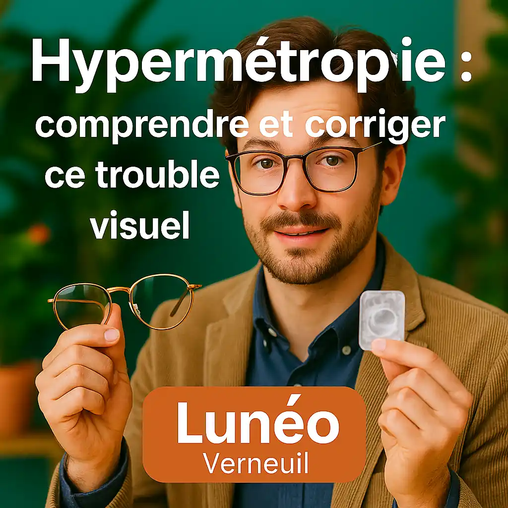 Opticien Lunéo Verneuil expliquant la correction de l’hypermétropie avec verres et lentilles adaptés dans un décor végétal chaleureux.