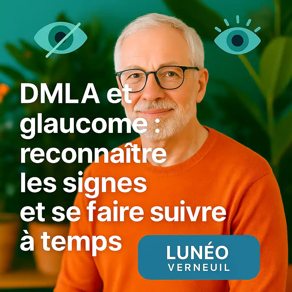Opticien Lunéo Verneuil expliquant la DMLA et le glaucome à un client dans un décor végétal chaleureux, prévention et dépistage.