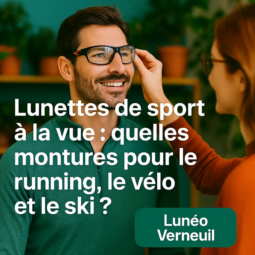 Client essayant des lunettes de sport à la vue chez Lunéo Verneuil, avec montures adaptées au running, vélo et ski, dans un décor végétal chaleureux.