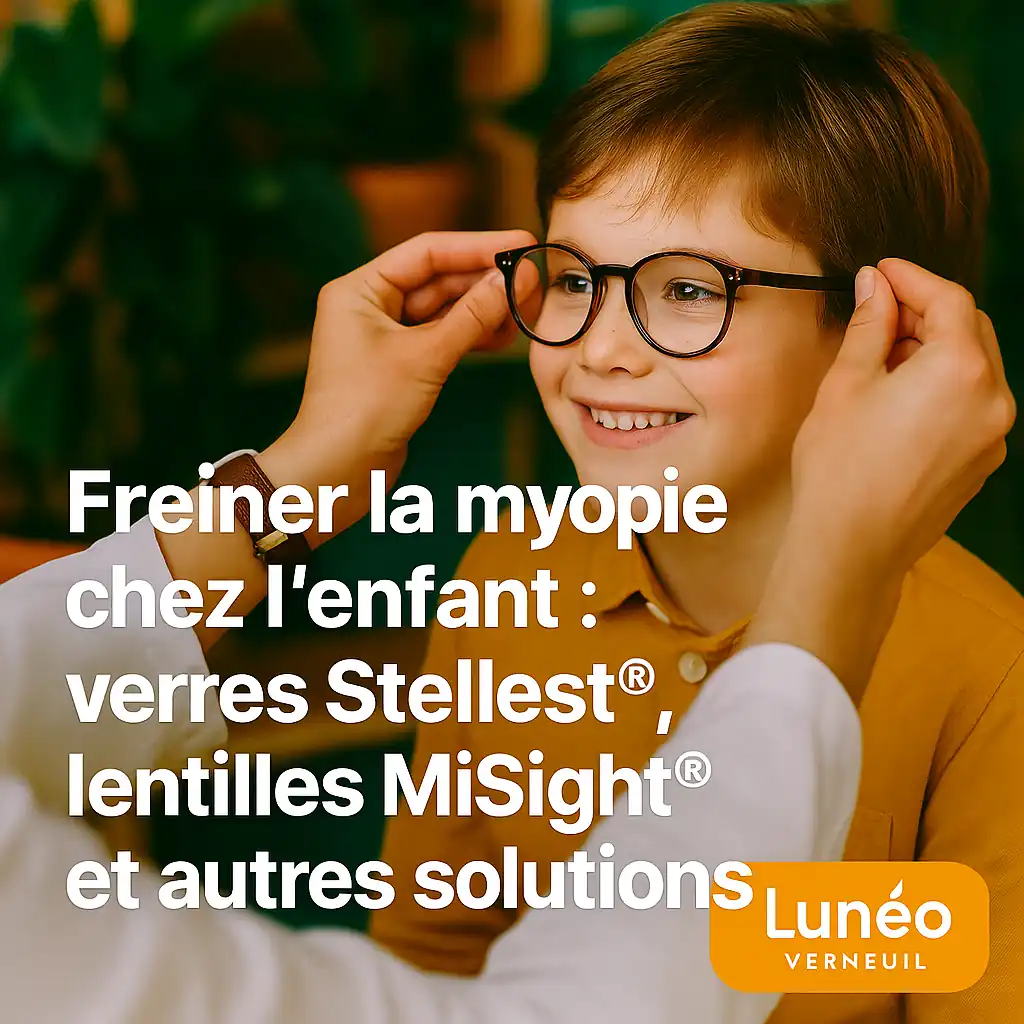 Enfant essayant des lunettes avec verres Stellest® chez Lunéo Verneuil, opticien spécialisé dans la freination de la myopie.