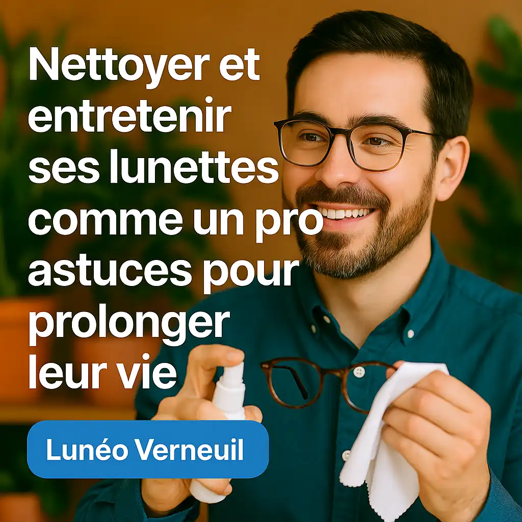 Opticien Lunéo Verneuil expliquant comment nettoyer et entretenir ses lunettes avec spray nettoyant et chiffon microfibre.