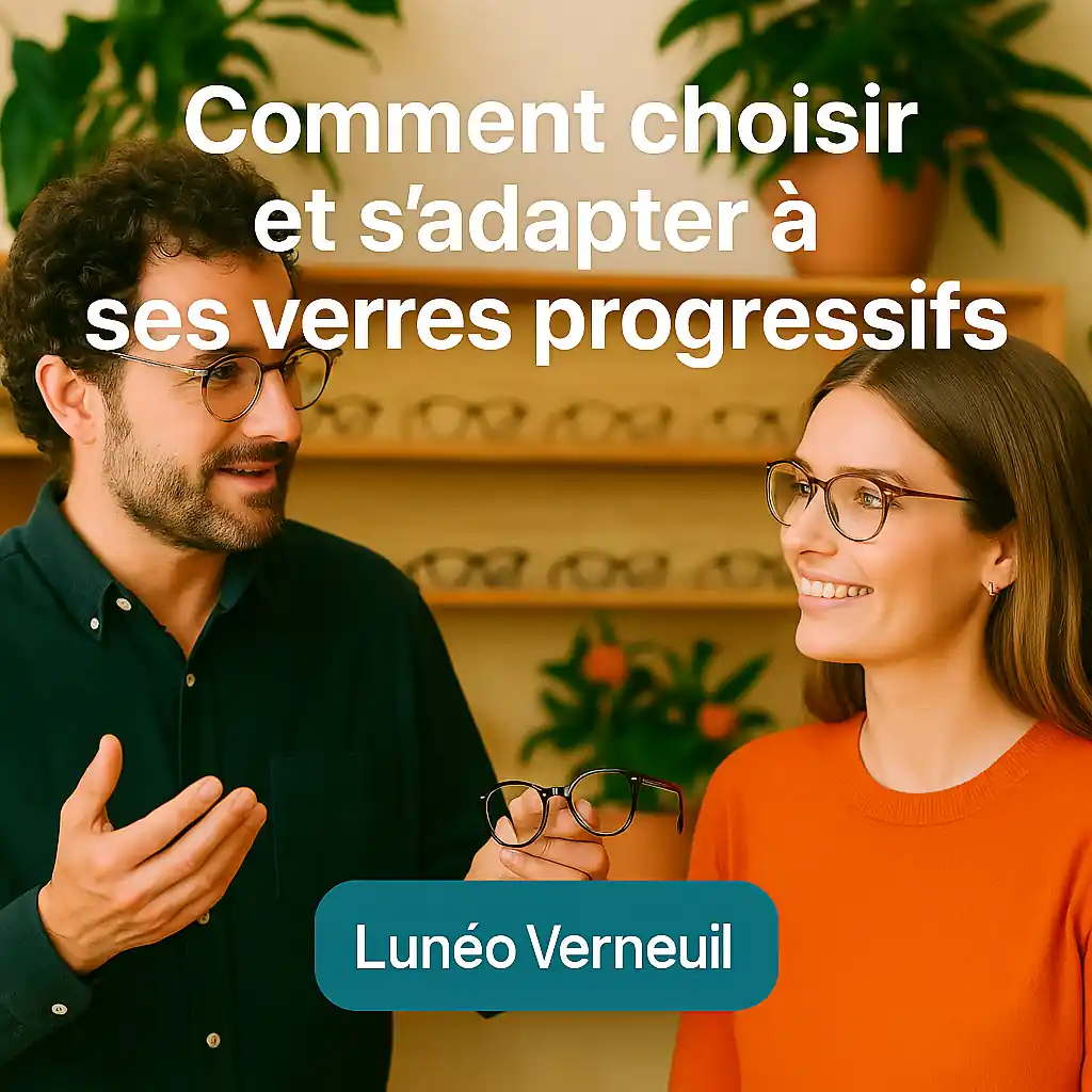 Opticien Lunéo Verneuil expliquant le choix et l’adaptation des verres progressifs à une cliente, dans une ambiance végétale et lumineuse.