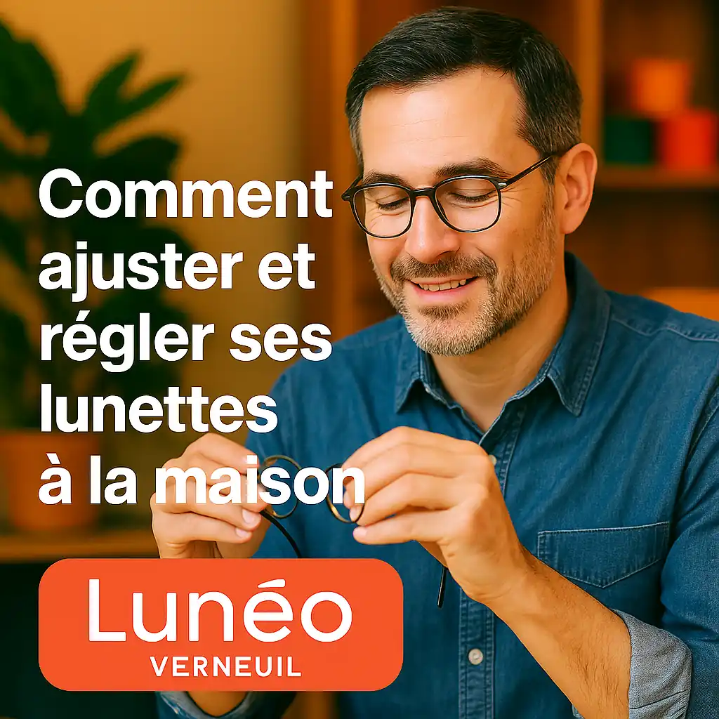 Opticien Lunéo Verneuil montrant comment ajuster les plaquettes et les branches de lunettes pour un meilleur confort à la maison.
