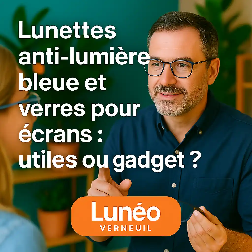 Opticien Lunéo Verneuil expliquant les avantages des lunettes anti-lumière bleue et des verres filtrants pour protéger les yeux des écrans.