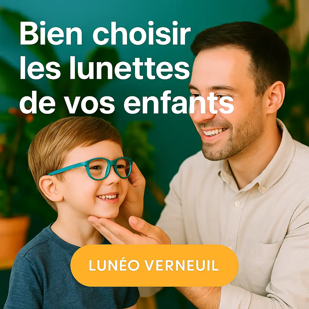 Opticien Lunéo Verneuil conseillant un enfant pour choisir ses lunettes de vue avec monture souple et protection UV.