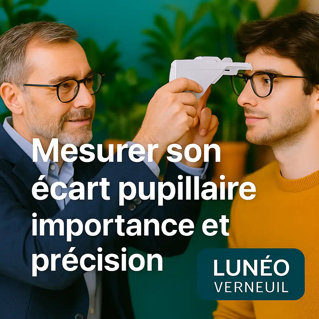 Opticien Lunéo Verneuil mesurant l’écart pupillaire d’un client avec un pupillomètre pour garantir le centrage parfait des verres.
