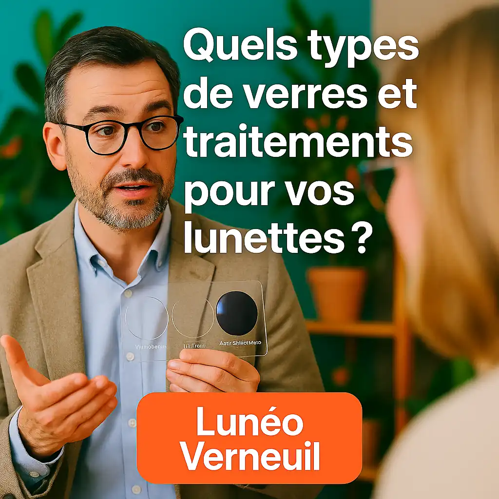 Opticien Lunéo Verneuil expliquant les différents types de verres (progressifs, unifocaux, polarisants) et traitements (anti-reflets, photochromiques).