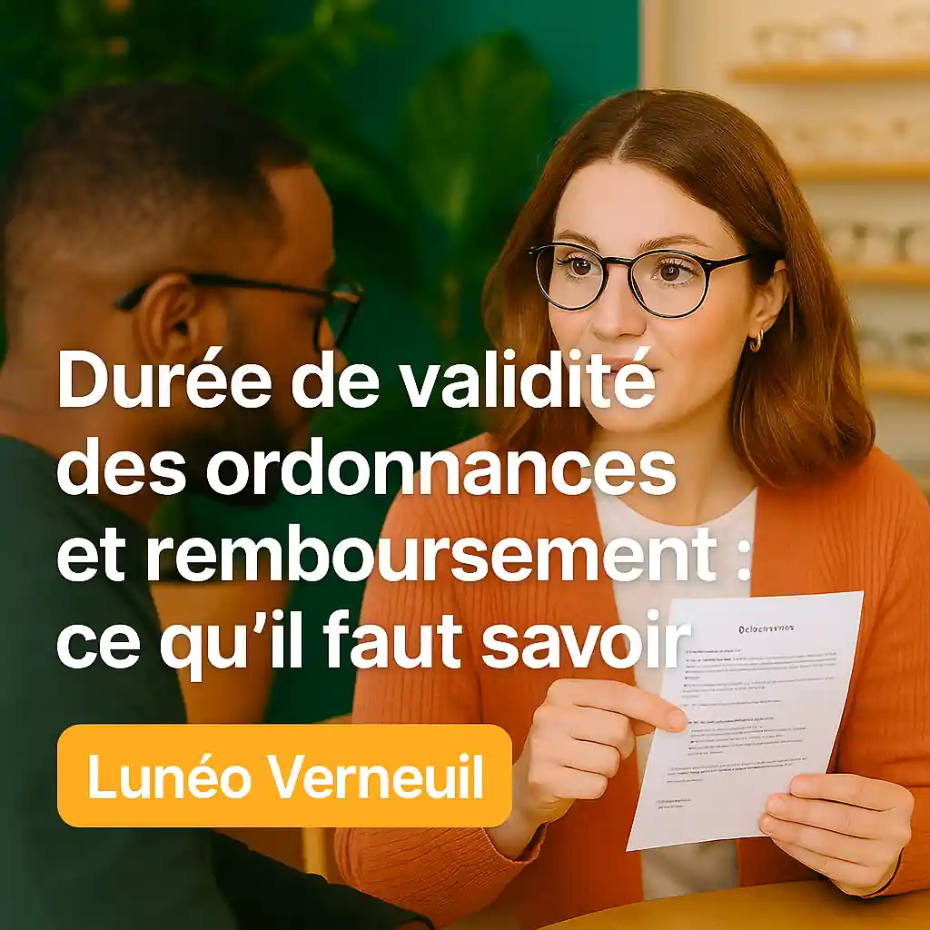 Opticien Lunéo Verneuil expliquant à un client la durée de validité d’une ordonnance lunettes et le remboursement 100 % santé.