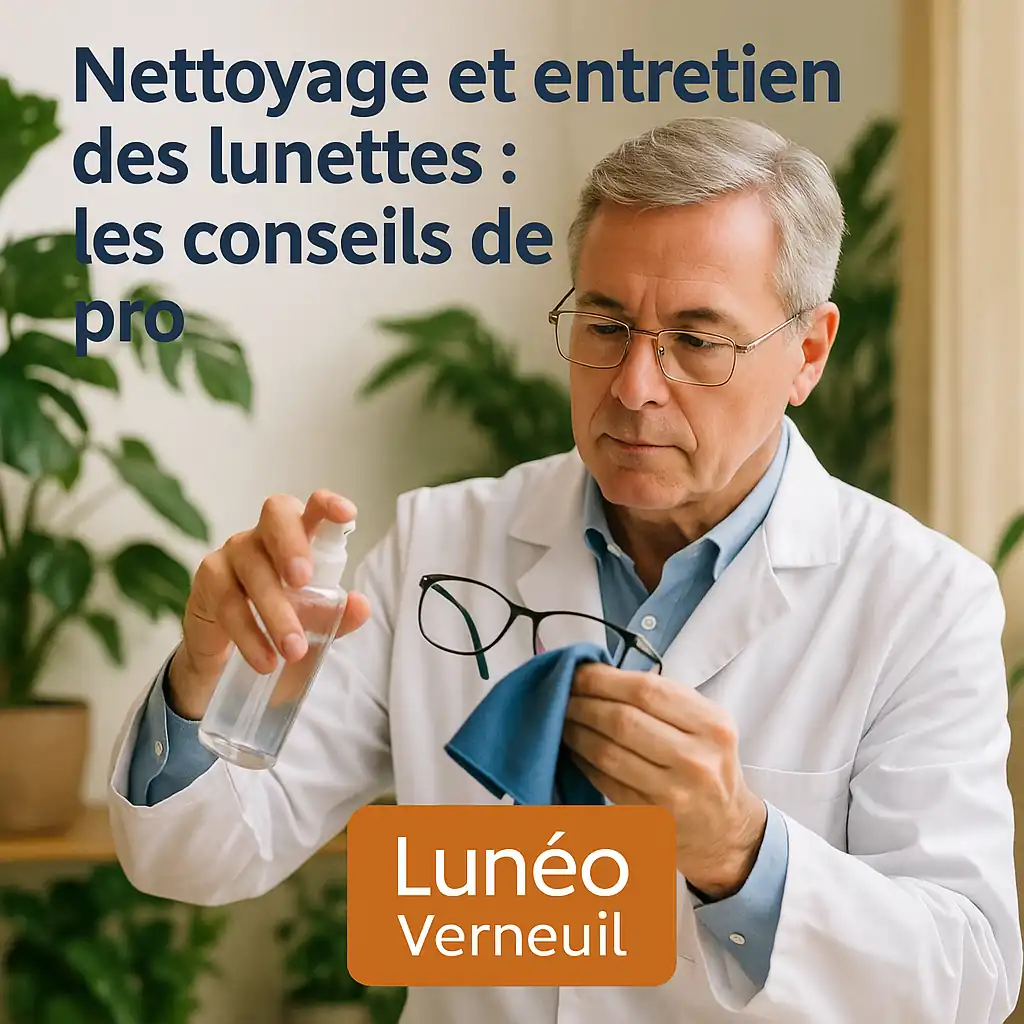 Opticien Lunéo Verneuil nettoyant des lunettes avec spray professionnel et chiffon microfibre, dans une boutique lumineuse et végétale.