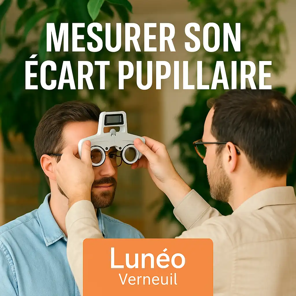 Opticien Lunéo mesurant l’écart pupillaire d’un client avec un pupillomètre dans une boutique lumineuse et végétale
