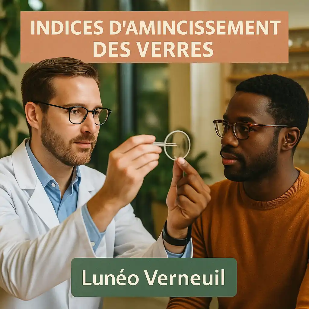Opticien Lunéo présentant à un client deux verres de lunettes, l’un épais et l’autre aminci, dans une boutique lumineuse à l’ambiance végétale