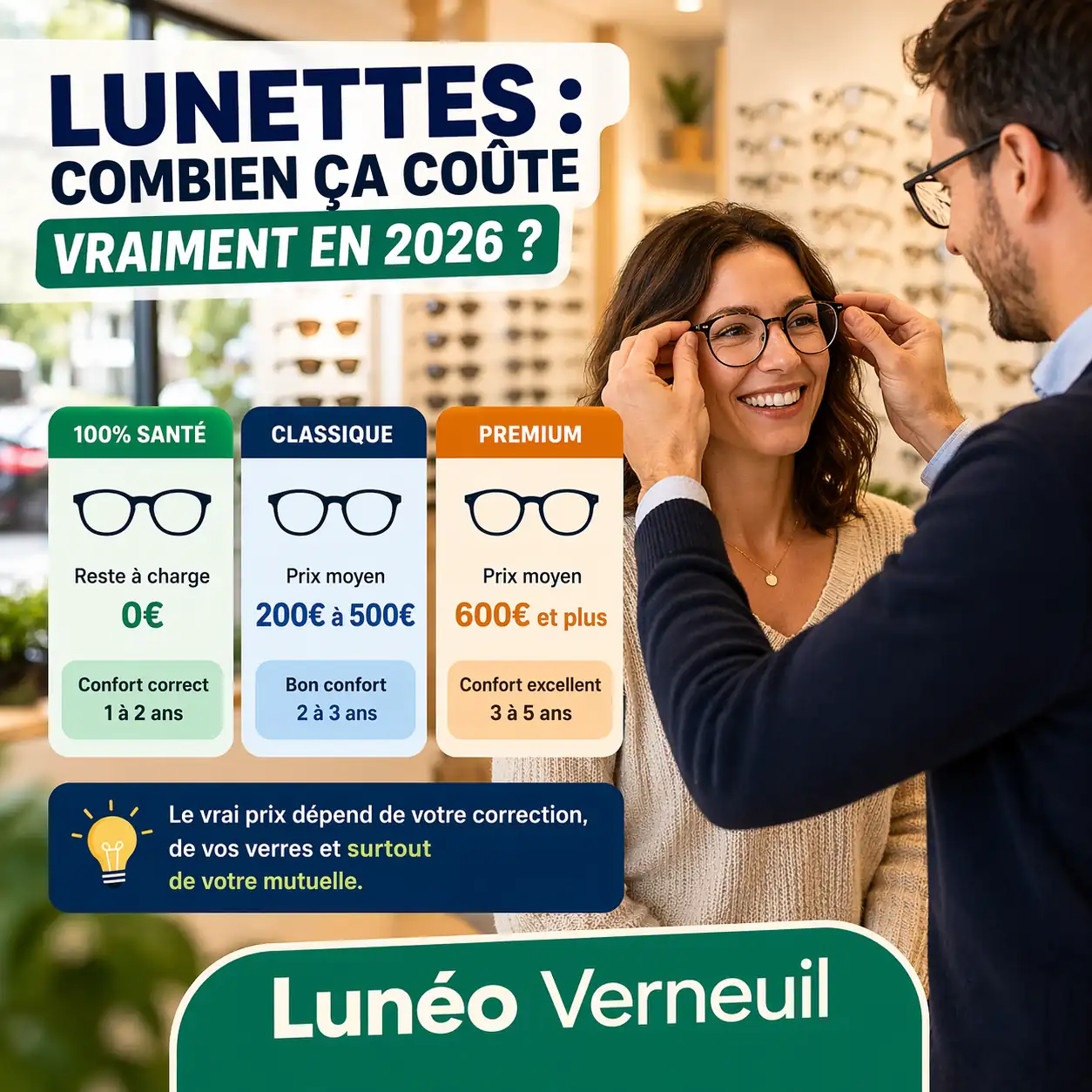 prix lunettes 2026 verres simples progressifs opticien Verneuil reste à charge mutuelle