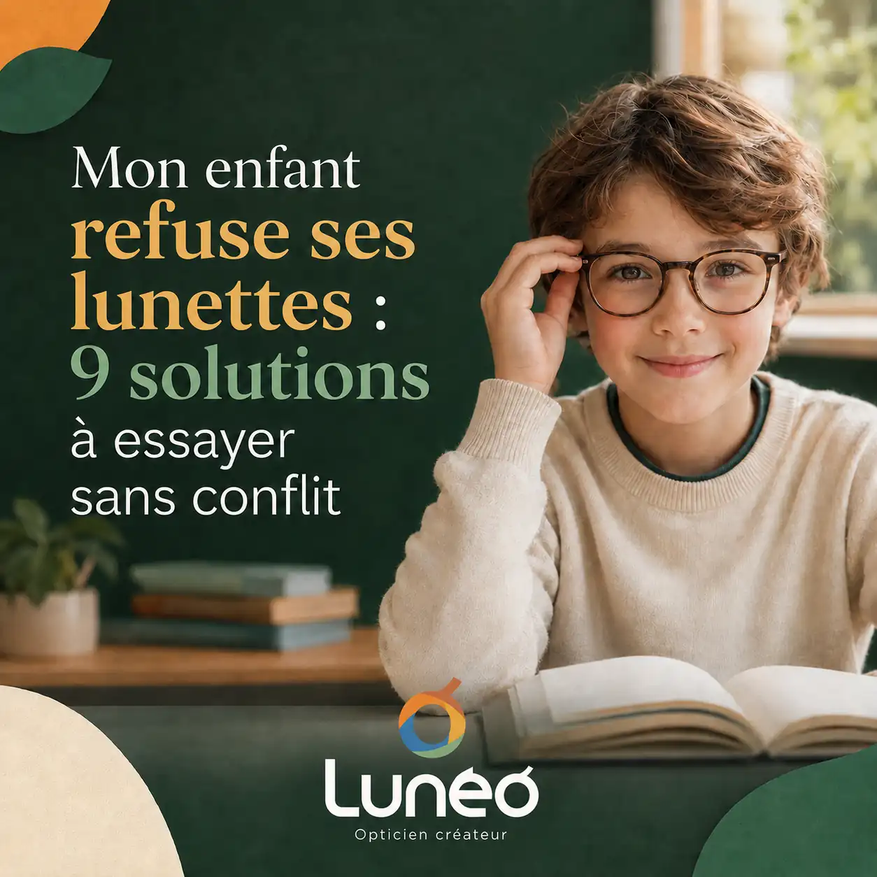 Enfant souriant ajustant ses lunettes dans un décor scolaire végétal aux couleurs vert forêt et crème de Lunéo.