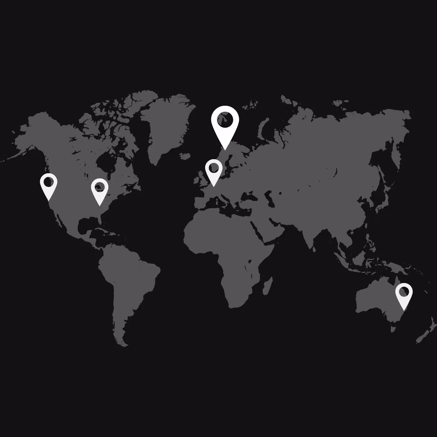 World map in dark gray with five white location markers on the western United States, central United States, northern Europe, southern Europe, and southeastern Australia.