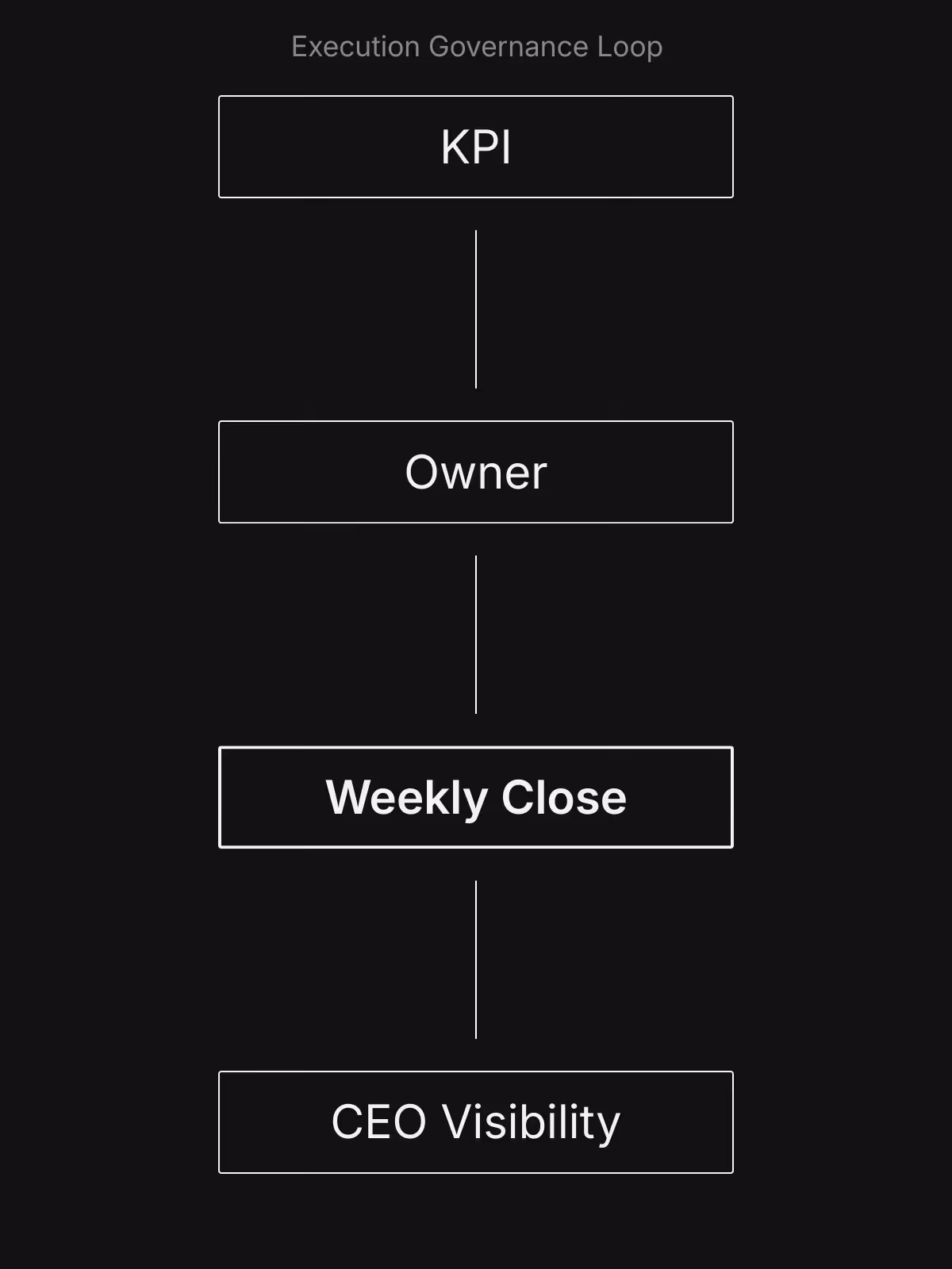 Diagram showing KPI ownership, weekly close reporting, and CEO visibility in the execution governance loop