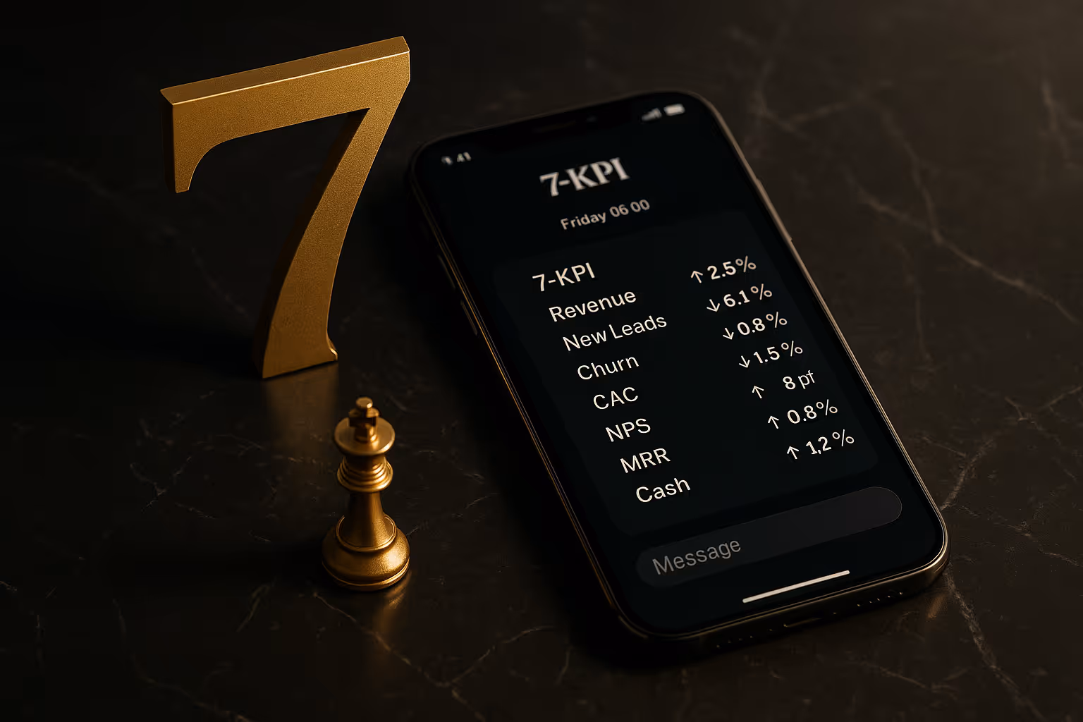 Dark Image with number seven, Chess King and a phone with 7 KPI text