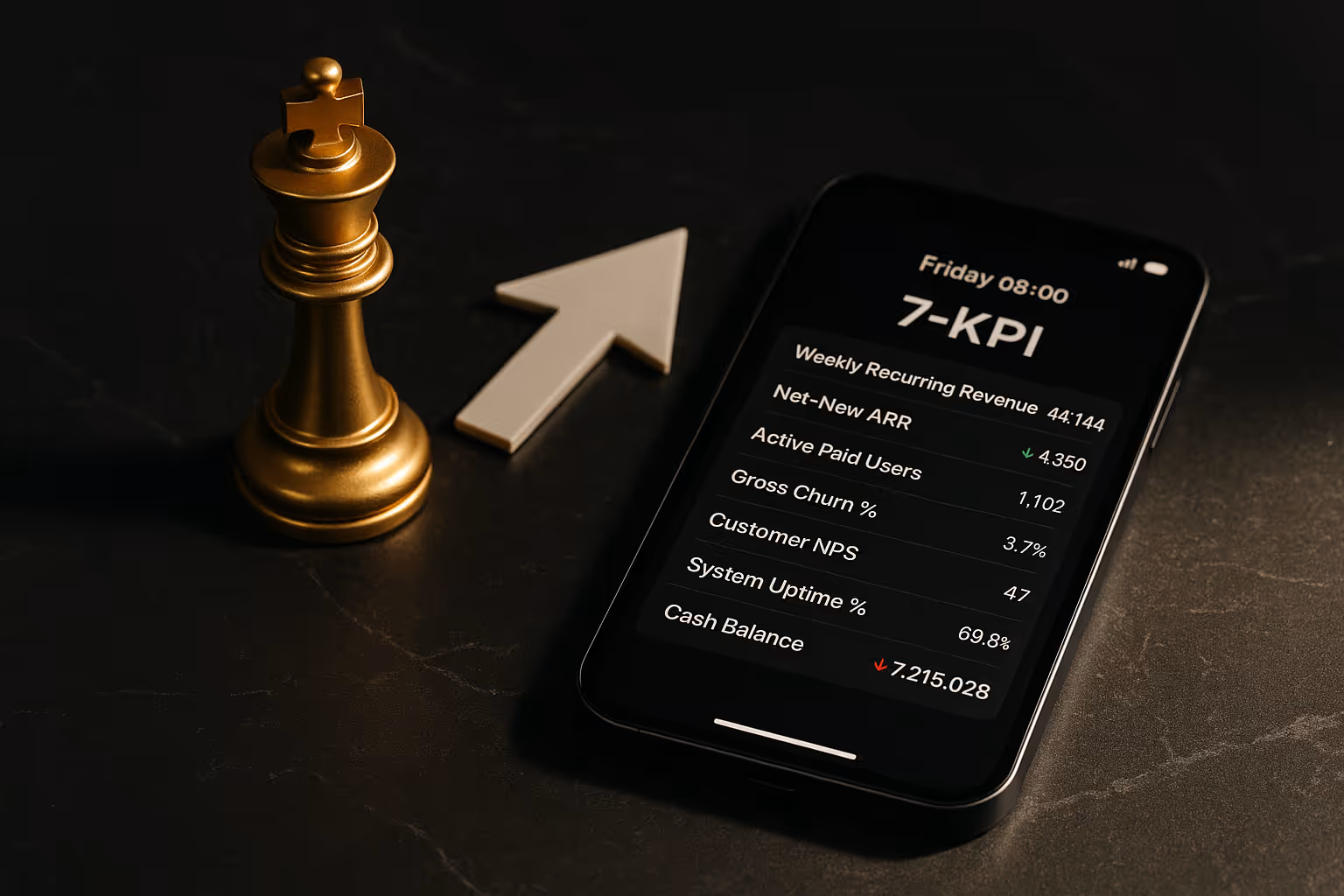 Image dark phone with 7 KPI text. Chess brick and upwards arrow signal strategy