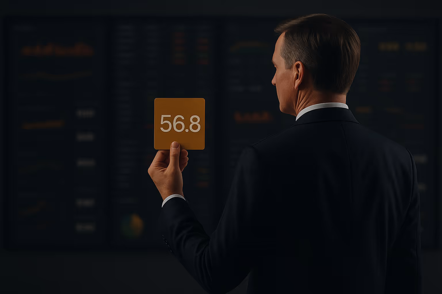 CEO spotlighting one key metric while multiple dashboards fade into the background.