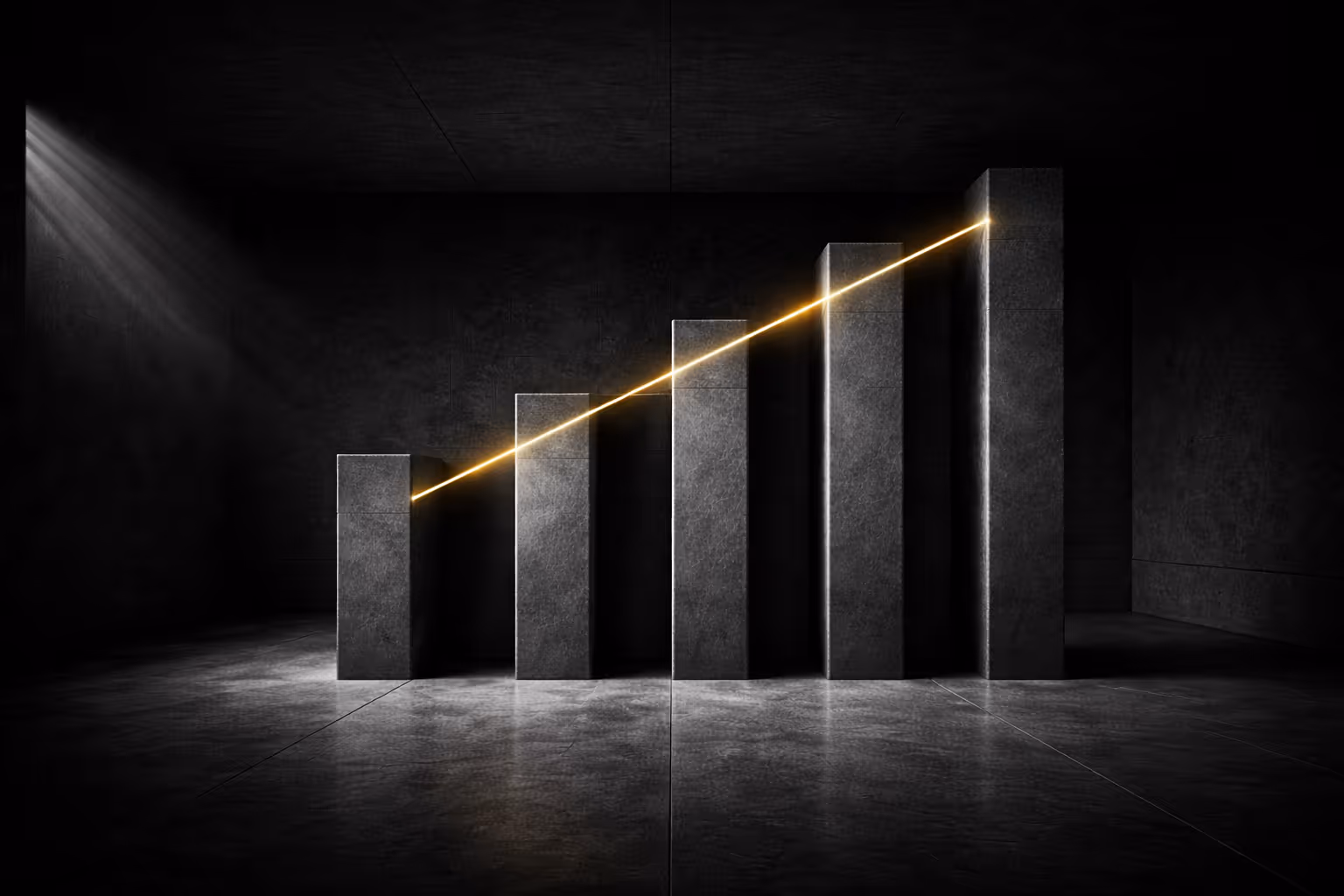 Ascending concrete pillars connected by a diagonal gold beam symbolizing authority escalation.