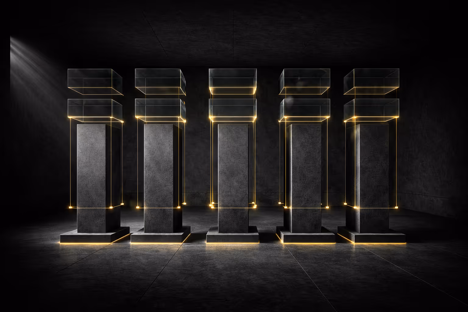 Concrete pillars layered with transparent panels and thin gold tracing lines representing traceable enforcement.