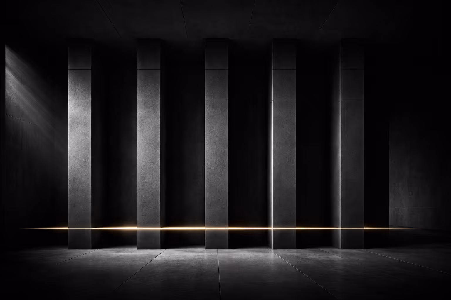 Aligned concrete pillars connected by a structural beam representing enforced weekly governance architecture