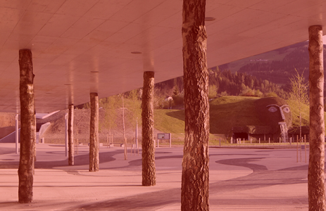 Foyer der Swarovski Kristallwelten mit Betondecke, die von naturbelassenen Baumstämmen getragen wird. Durch die Säulen öffnet sich der Blick auf die Parklandschaft mit dem ikonischen Riesen.