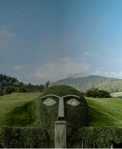 Der markante Riese mit leuchtenden Augen und Wasserfall ist das Herzstück der Swarovski Kristallwelten Wattens, umgeben von der Tiroler Bergkulisse.