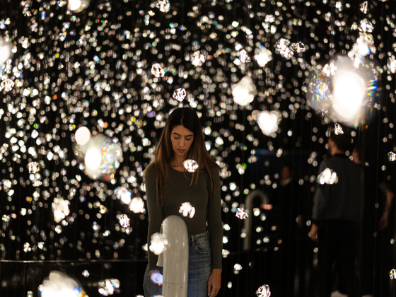 A young woman stands in the immersive Chamber of Wonder Pulse Voronoi, surrounded by thousands of sparkling crystals at Swarovski Kristallwelten.