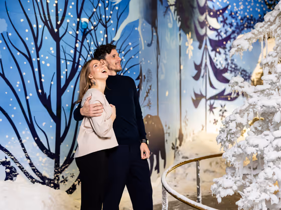 Ein Paar genießt die winterliche Stimmung in der Wunderkammer Silent Light in den Swarovski Kristallwelten – mit echtem Schneefall.
