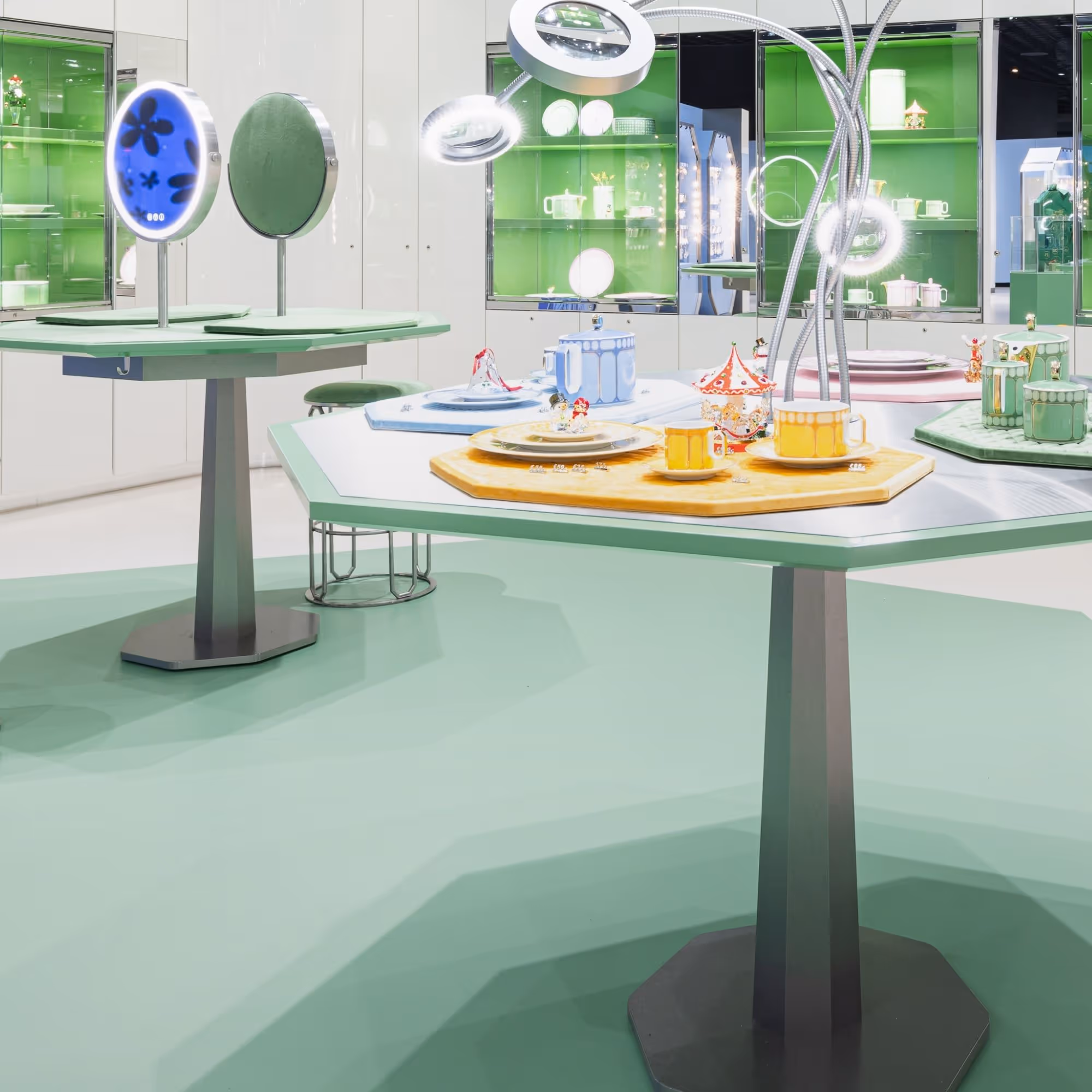 Interior view of the Swarovski Kristallwelten Store Wattens with colorful display cabinets and modern jewelry presentations in pastel color displays.