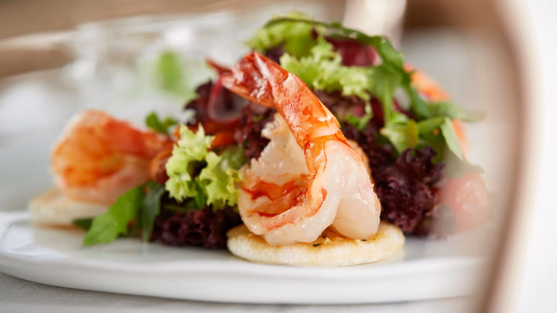 Finely prepared shrimp dish on crispy crackers with fresh salad at Daniels Kristallwelten by DoN restaurant at Swarovski Kristallwelten Wattens.