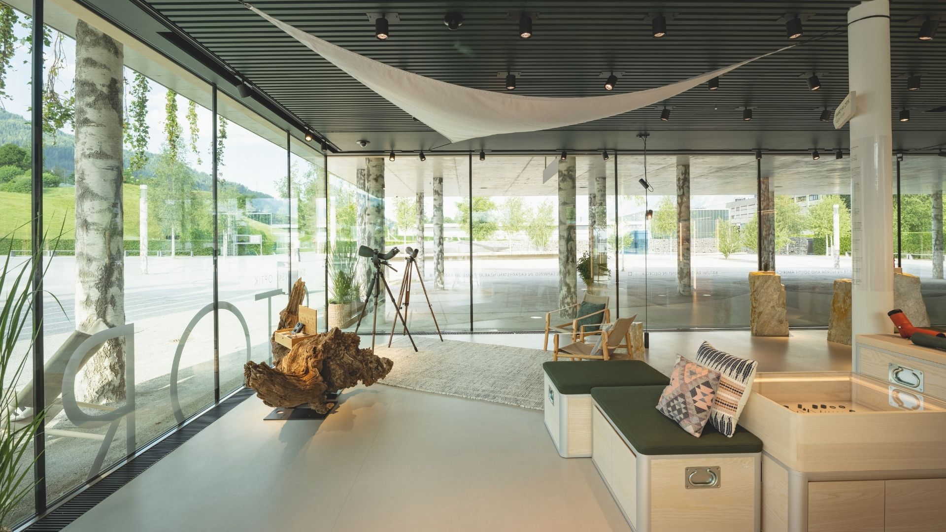 Innenansicht des Swarovski Optik Stores auf dem Gelände der Swarovski Kristallwelten mit großen Glasfronten, naturinspiriertem Interieur, Sitzgelegenheiten und Teleskopen.