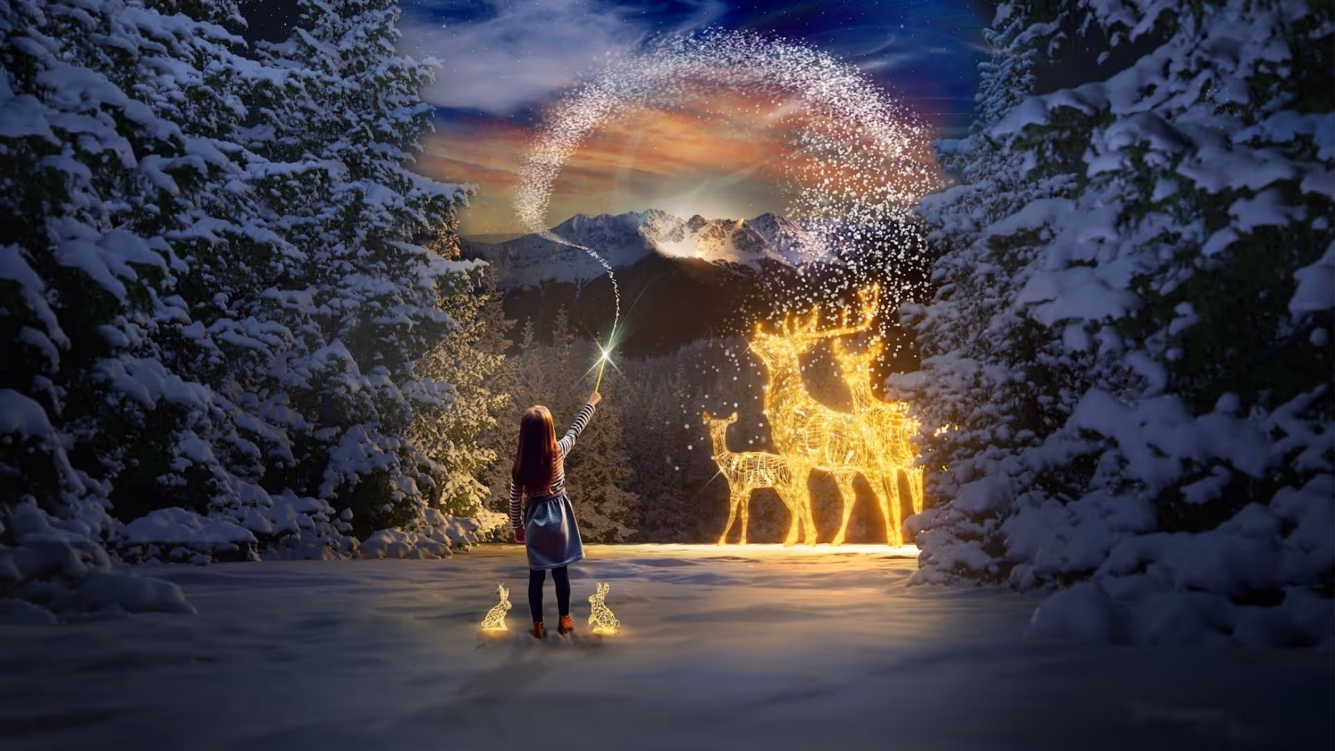 Märchenhafte Szene bei Lumagica Innsbruck in Tirol – ein Mädchen erschafft mit einem Zauberstab in der verschneiten Winterlandschaft leuchtende Hirsche und Hasen, vor magischer Bergkulisse und Sternenhimmel.